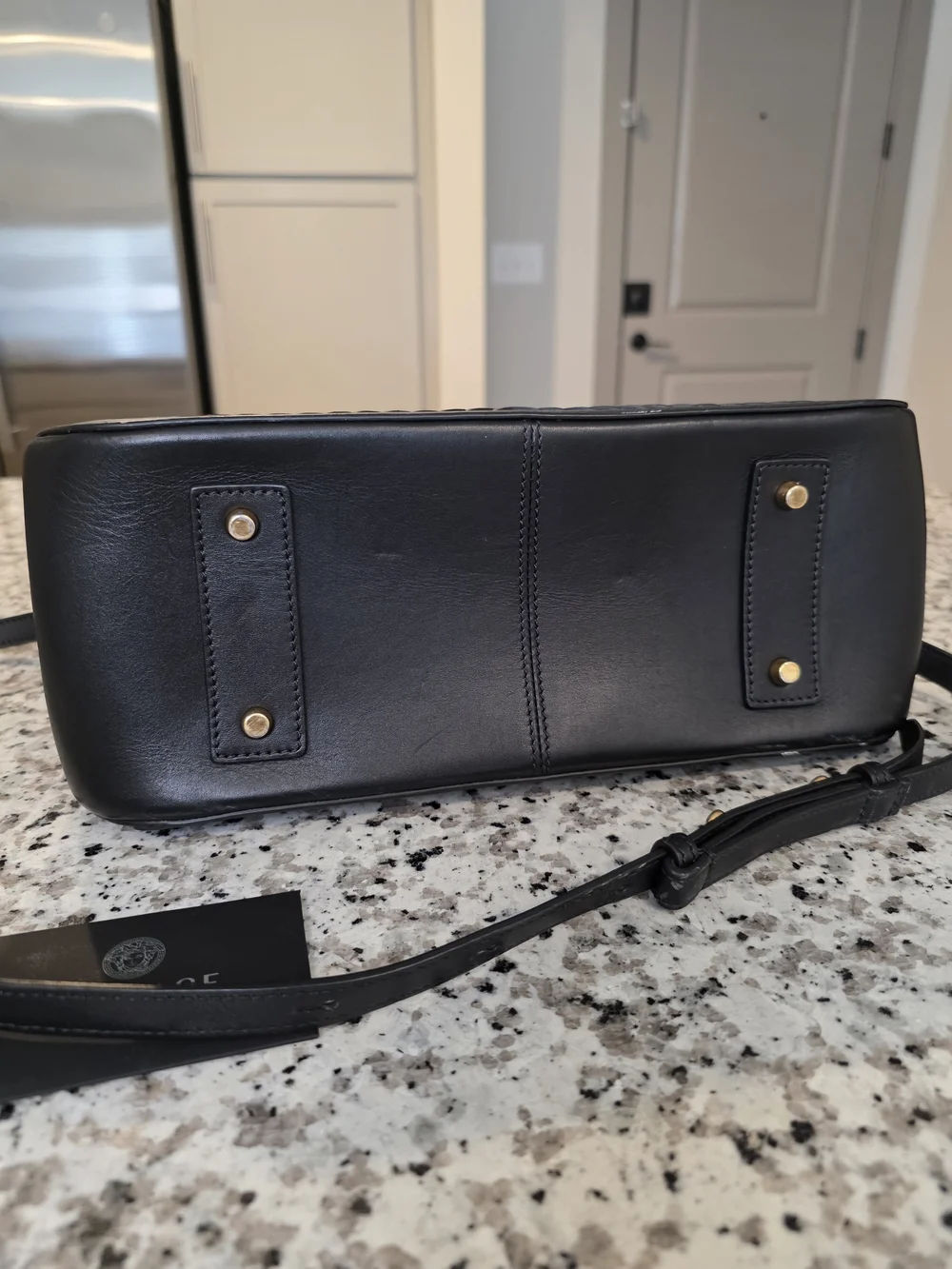 Versace Black Leather Satchel with Gold V Leaf Emblem